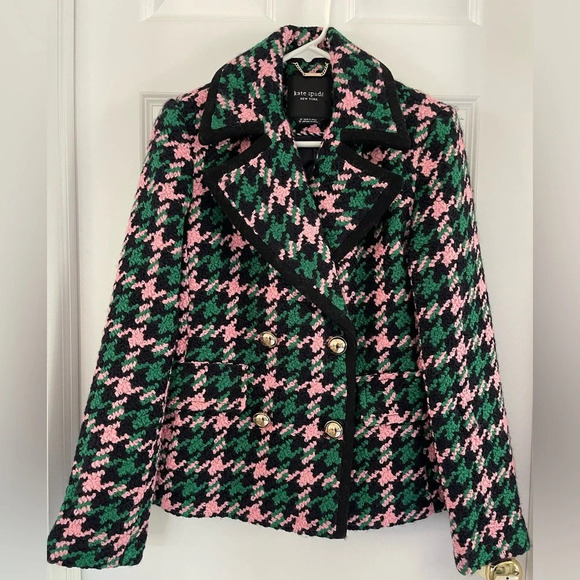 KATE SPADE NEW YORK Double-Breasted Houndstooth Wool Blend Peacoat Size XS - Picture 3 of 12